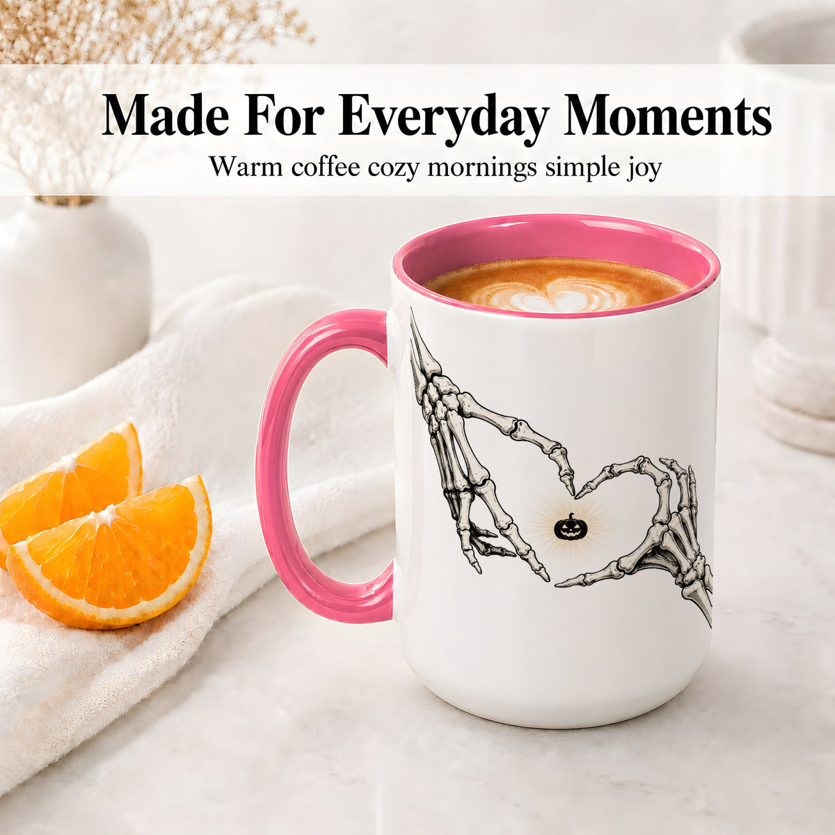 #pl[15oz|Pink] Skeleton Heart Hands Ceramic Mug, Jack O Lantern Halloween Art
