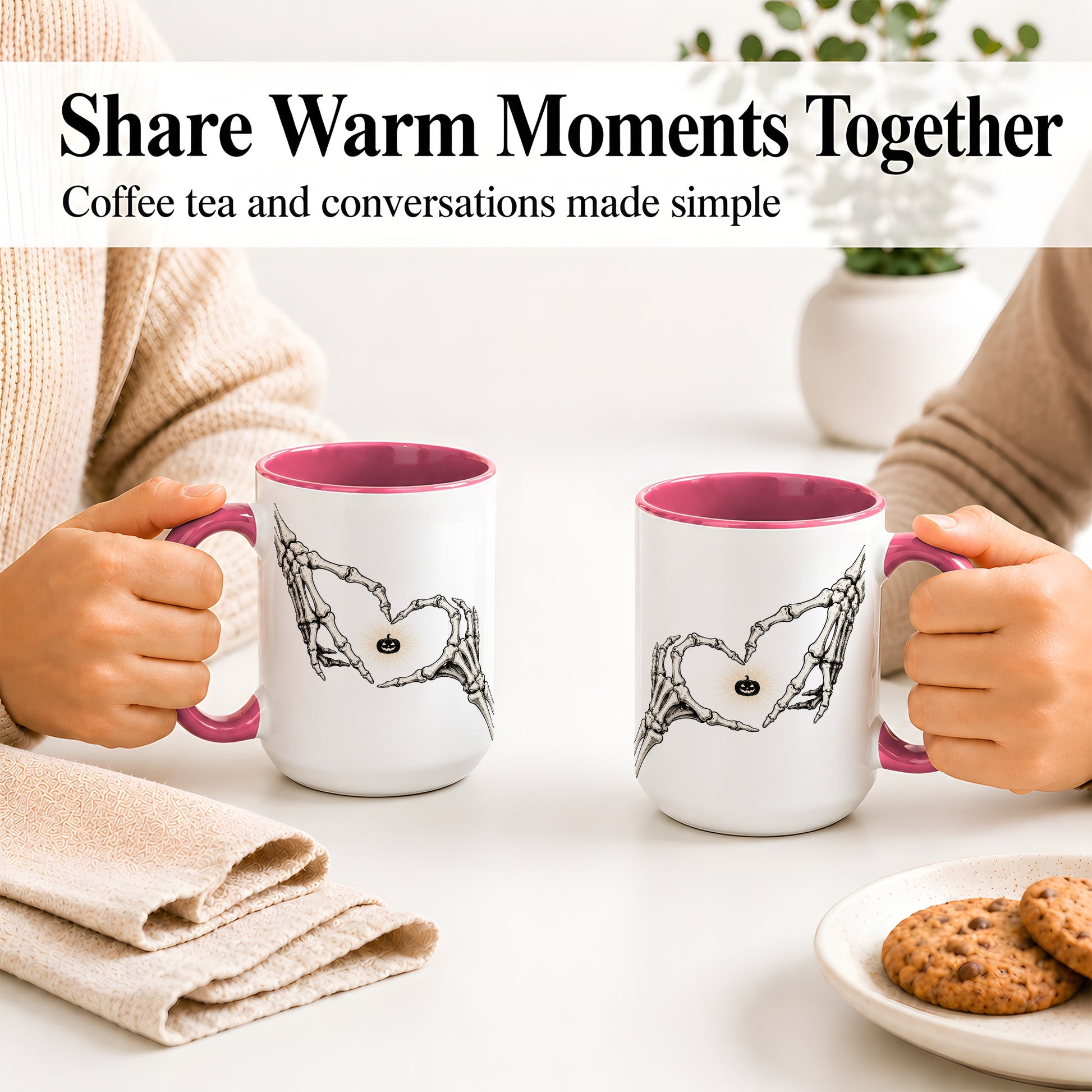 #pl[15oz|Pink] Skeleton Heart Hands Ceramic Mug, Jack O Lantern Halloween Art