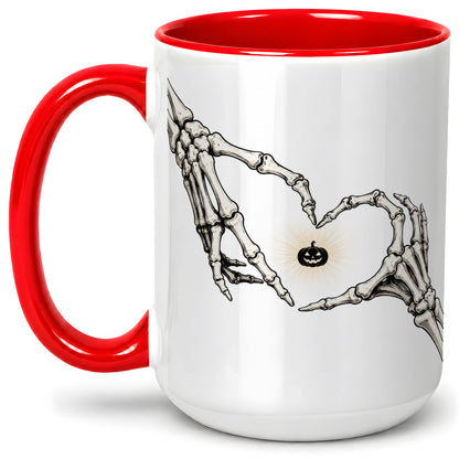 #pl[15oz|Red] Skeleton Heart Hands Ceramic Mug, Jack O Lantern Halloween Art