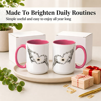 #pl[15oz|Pink] Skeleton Heart Hands Ceramic Mug, Jack O Lantern Halloween Art