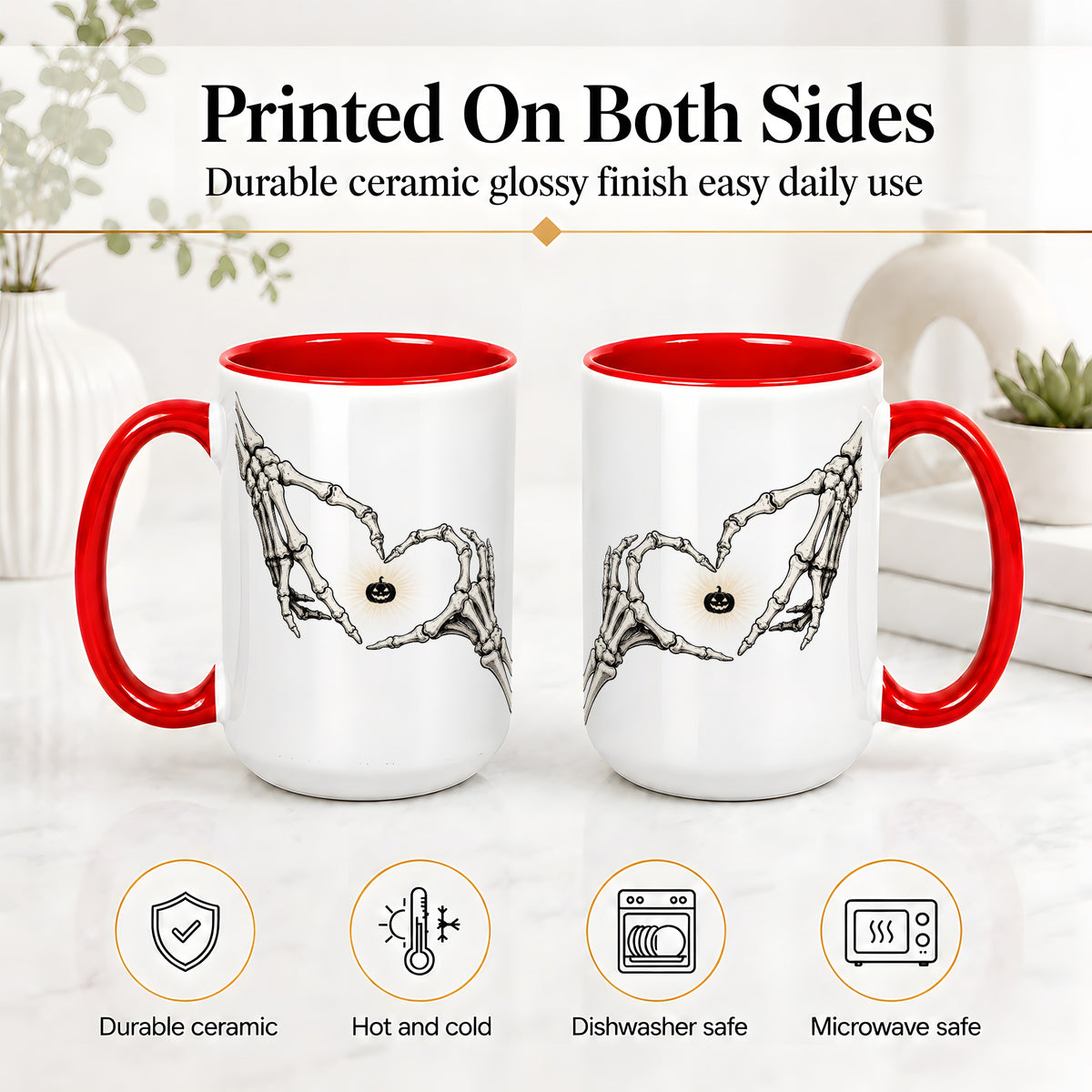 #pl[15oz|Red] Skeleton Heart Hands Ceramic Mug, Jack O Lantern Halloween Art