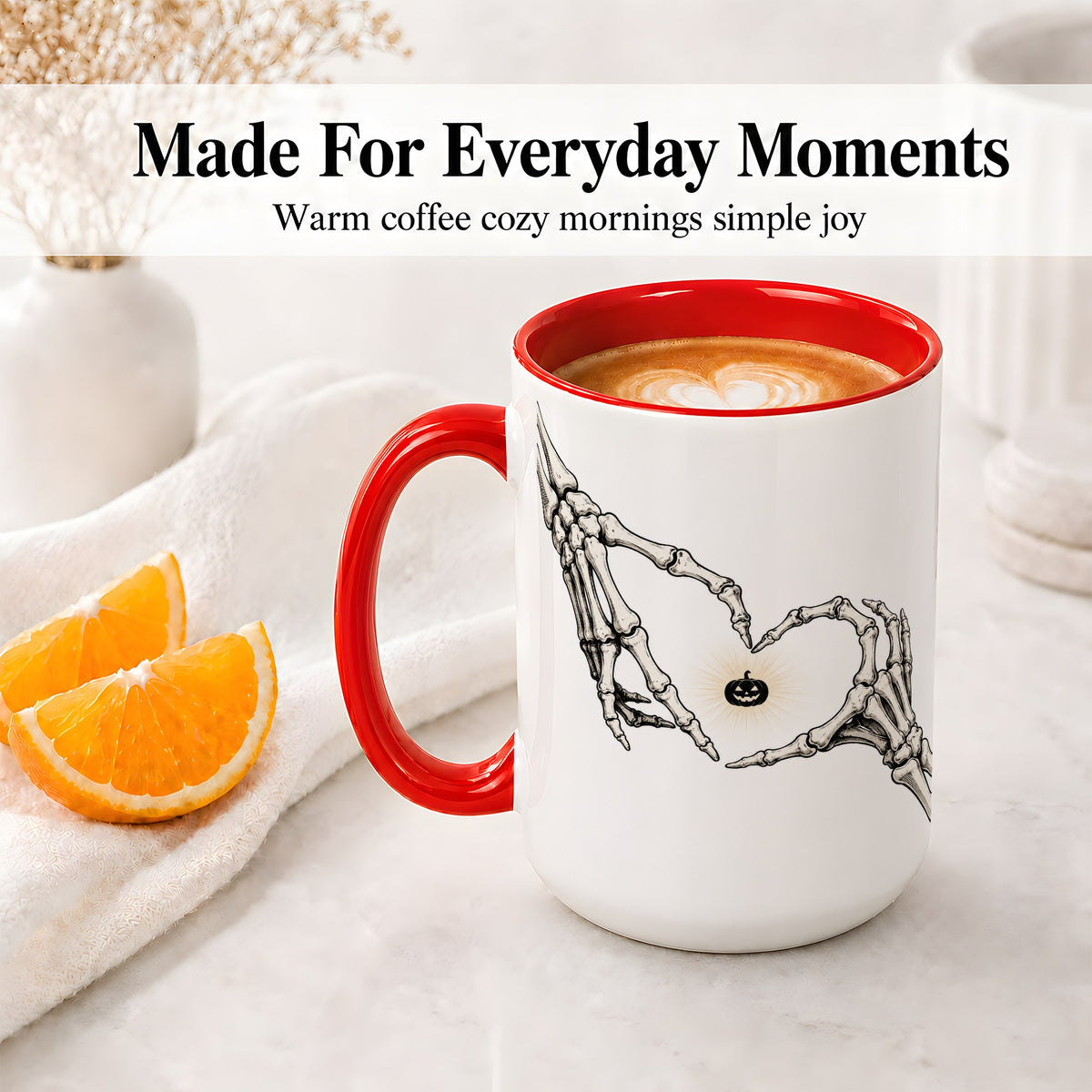 #pl[15oz|Red] Skeleton Heart Hands Ceramic Mug, Jack O Lantern Halloween Art