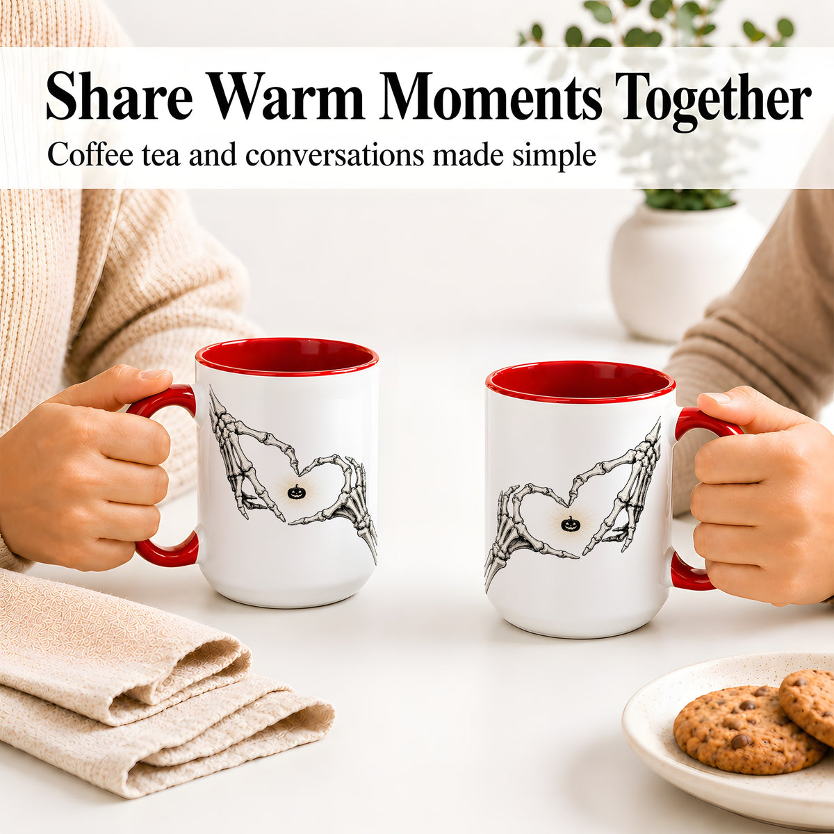 #pl[15oz|Red] Skeleton Heart Hands Ceramic Mug, Jack O Lantern Halloween Art
