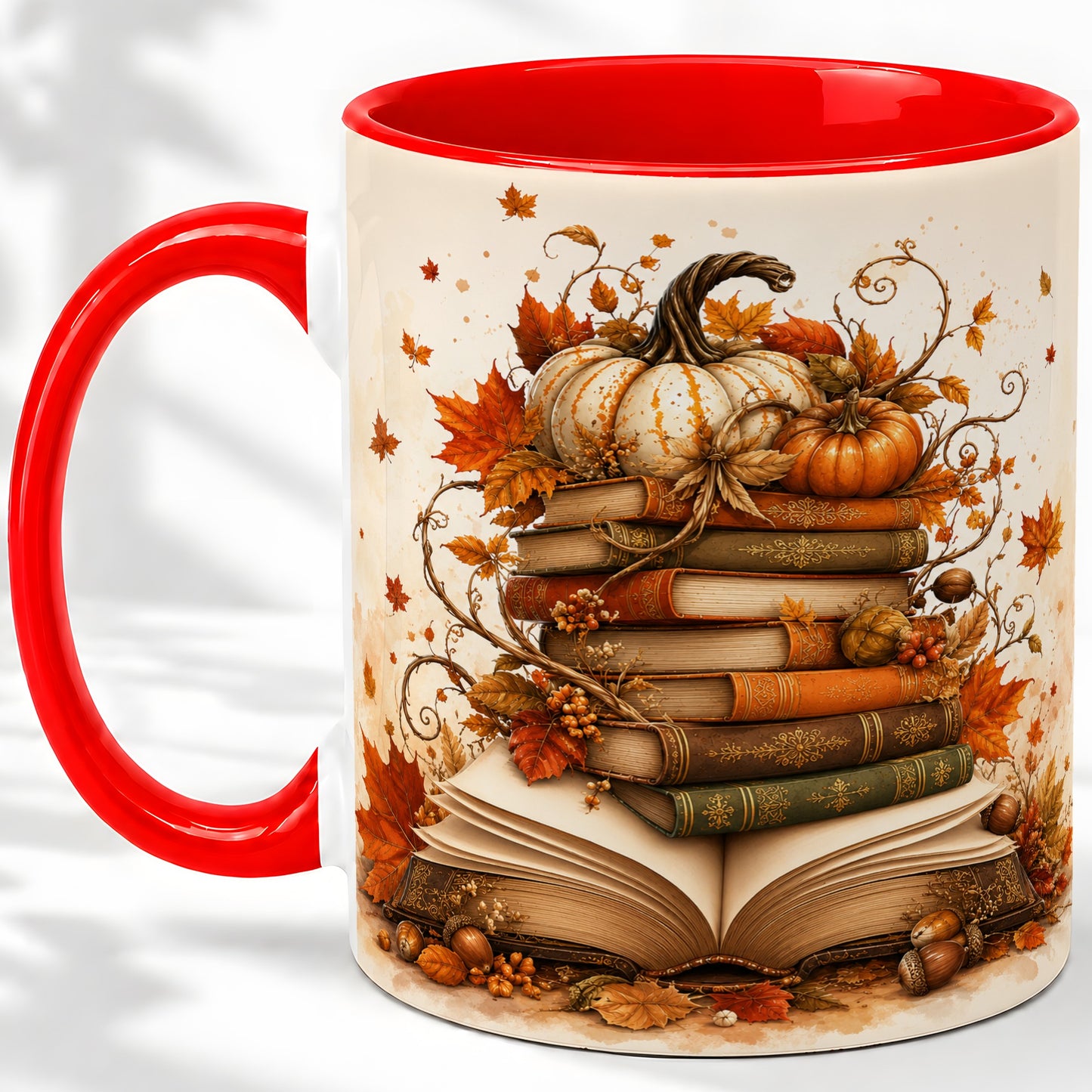 Autumn Book Stack Ceramic Mug, Pumpkin Maple Leaf Artwork