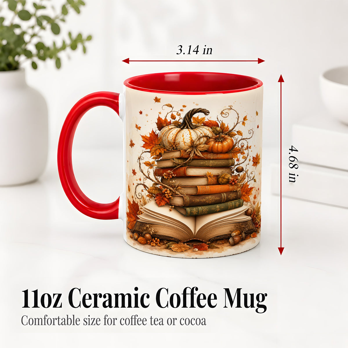 #pl[11oz|Red] Autumn Book Stack Ceramic Mug, Pumpkin Maple Leaf Artwork
