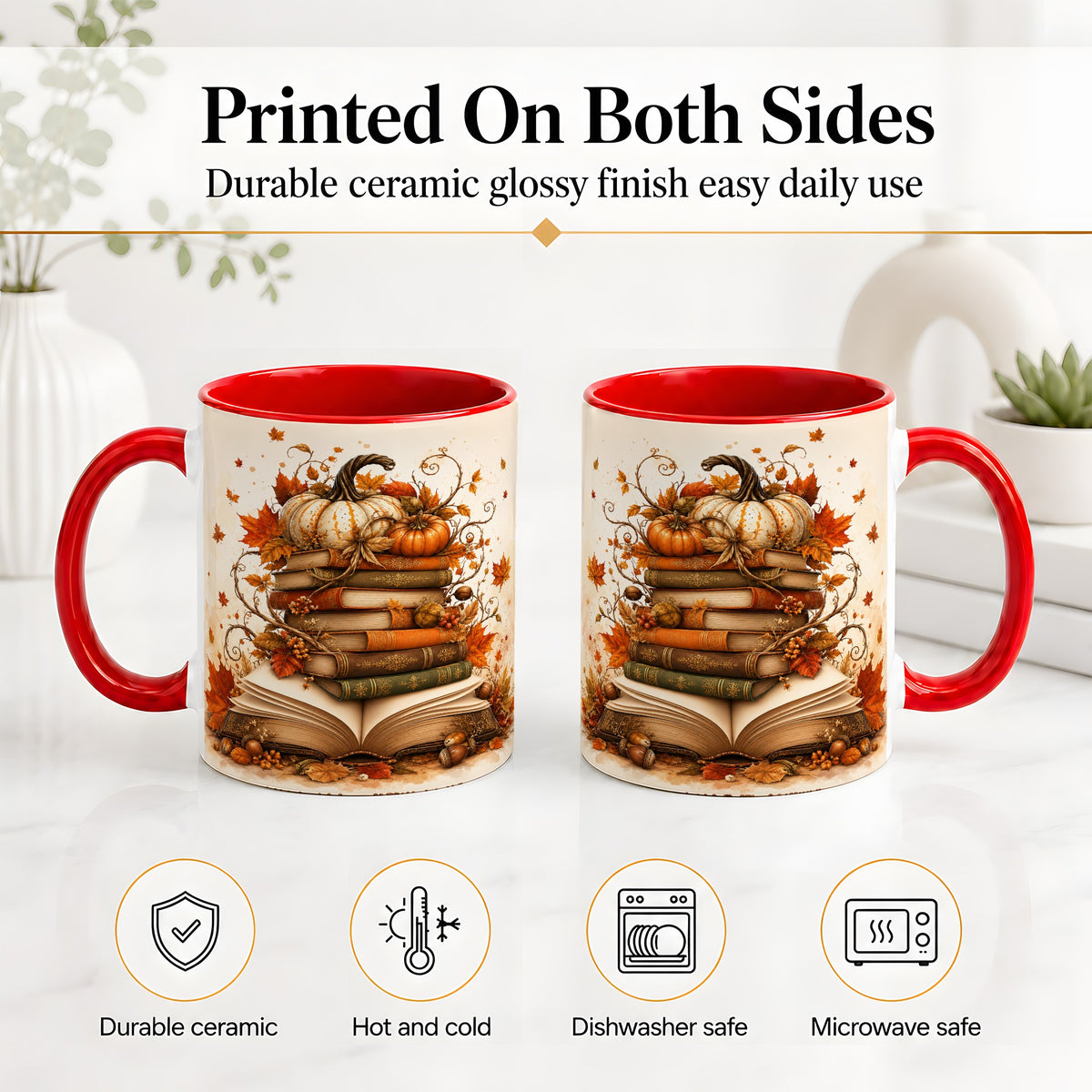 #pl[11oz|Red] Autumn Book Stack Ceramic Mug, Pumpkin Maple Leaf Artwork