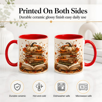 #pl[11oz|Red] Autumn Book Stack Ceramic Mug, Pumpkin Maple Leaf Artwork