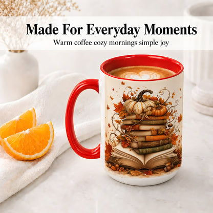 #pl[15oz|Red] Autumn Book Stack Ceramic Mug, Pumpkin Maple Leaf Artwork