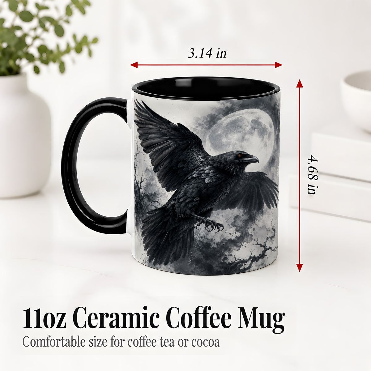 #pl[11oz|Black] Black Raven Moon Ceramic Mug, Gothic Night Watercolor Artwork