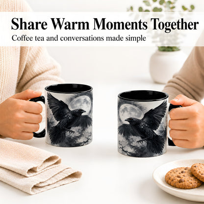 #pl[11oz|Black] Black Raven Moon Ceramic Mug, Gothic Night Watercolor Artwork