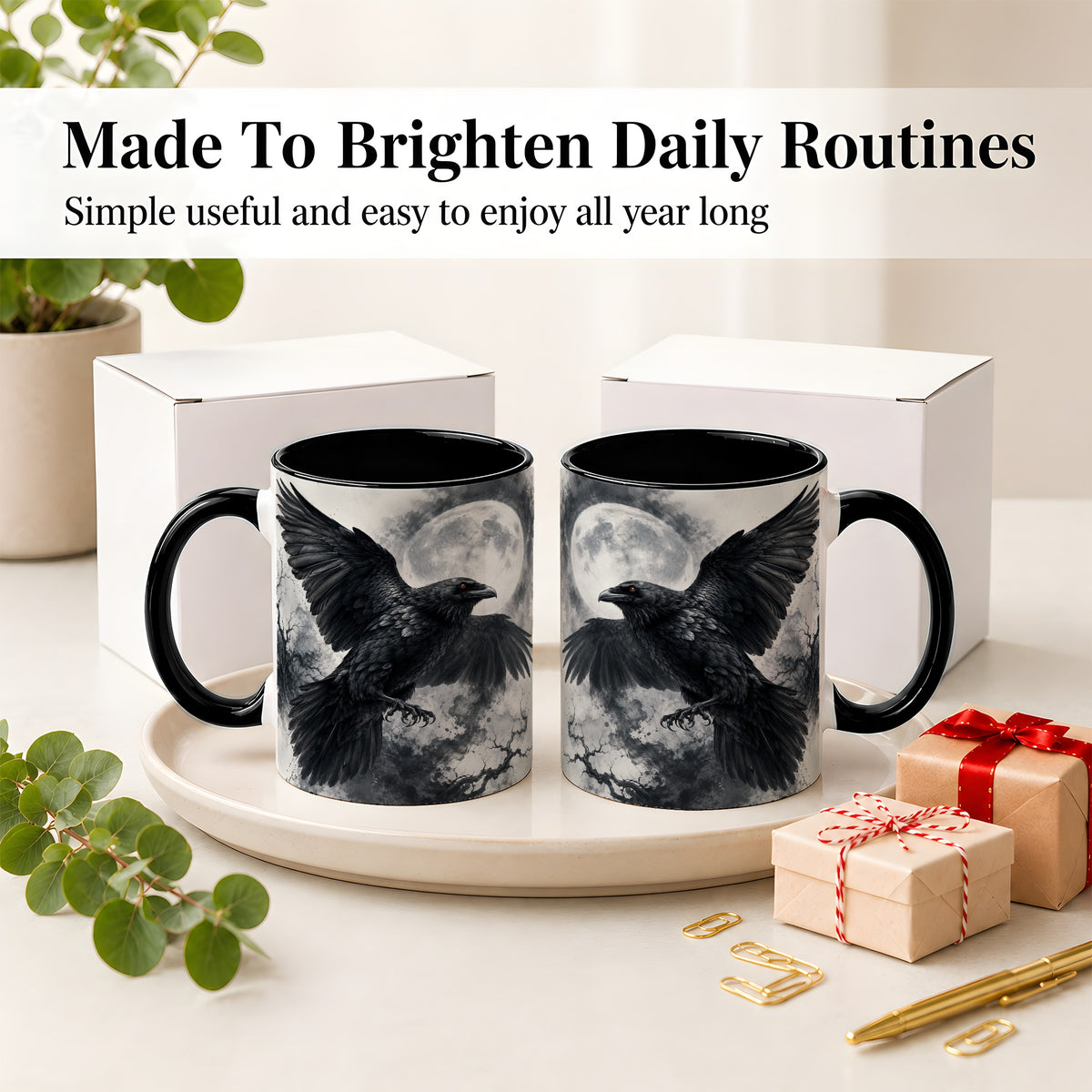 #pl[11oz|Black] Black Raven Moon Ceramic Mug, Gothic Night Watercolor Artwork