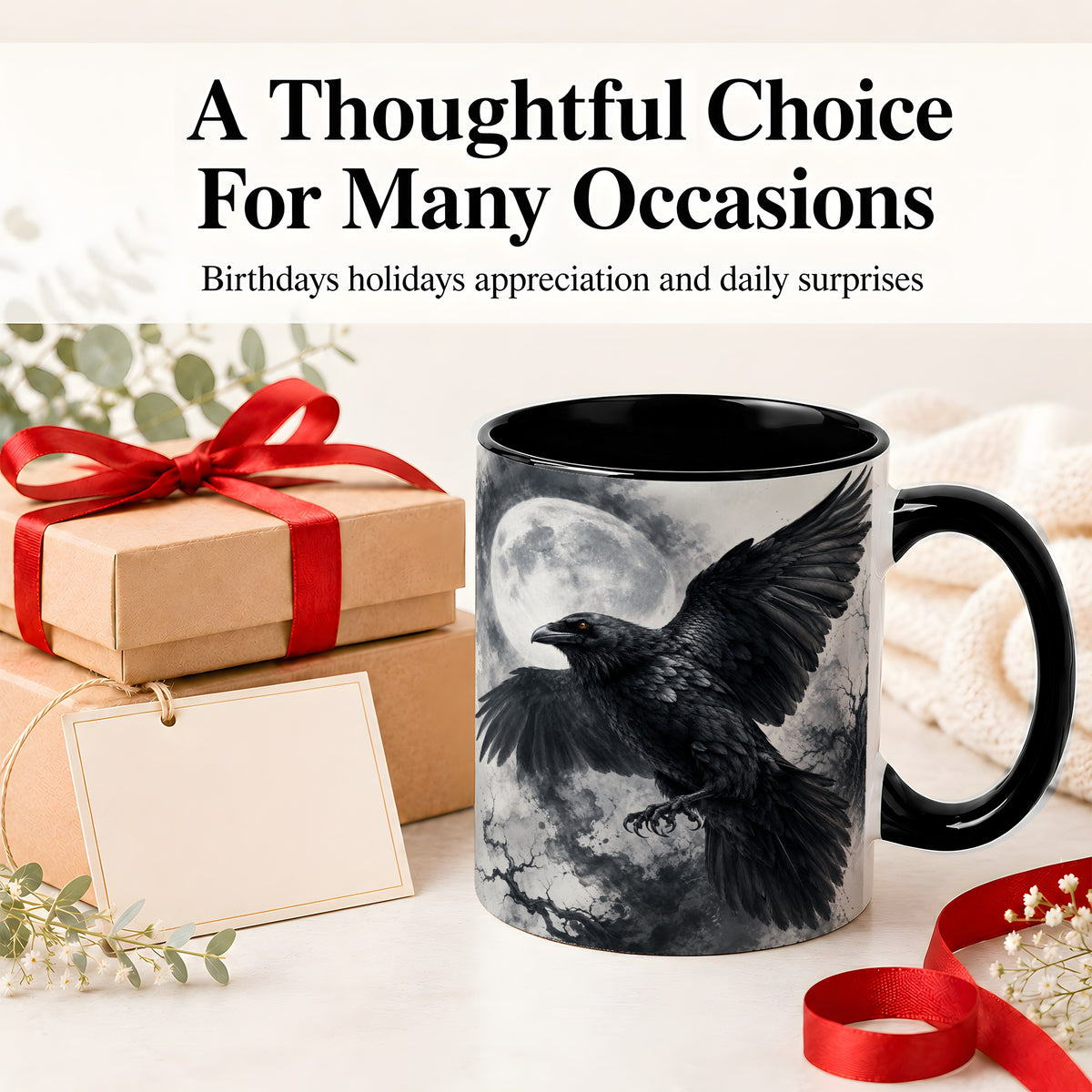 #pl[11oz|Black] Black Raven Moon Ceramic Mug, Gothic Night Watercolor Artwork