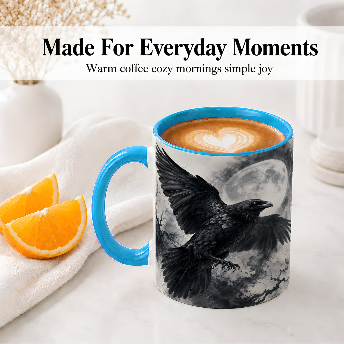 #pl[11oz|Blue] Black Raven Moon Ceramic Mug, Gothic Night Watercolor Artwork