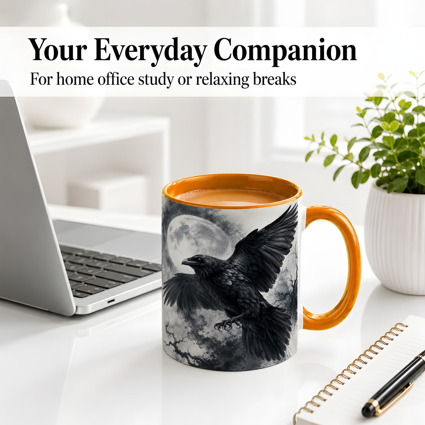 #pl[11oz|Orange] Black Raven Moon Ceramic Mug, Gothic Night Watercolor Artwork