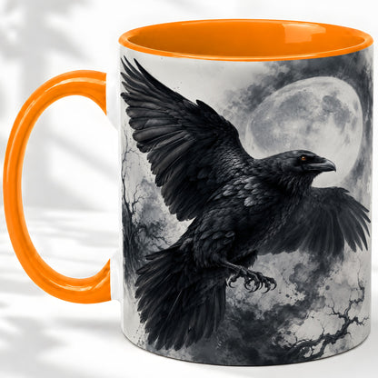 #pl[11oz|Orange] Black Raven Moon Ceramic Mug, Gothic Night Watercolor Artwork