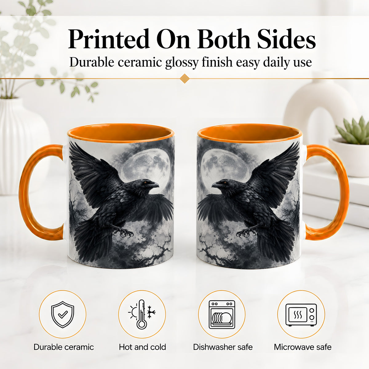 #pl[11oz|Orange] Black Raven Moon Ceramic Mug, Gothic Night Watercolor Artwork