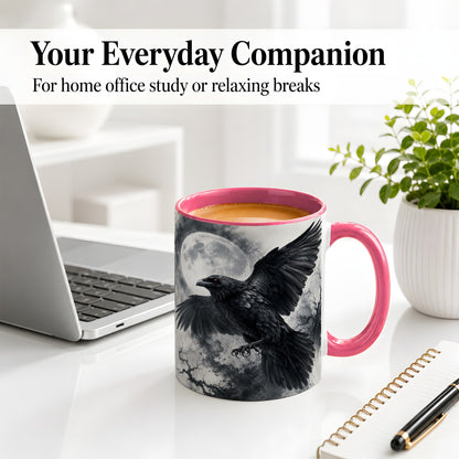 #pl[11oz|Pink] Black Raven Moon Ceramic Mug, Gothic Night Watercolor Artwork