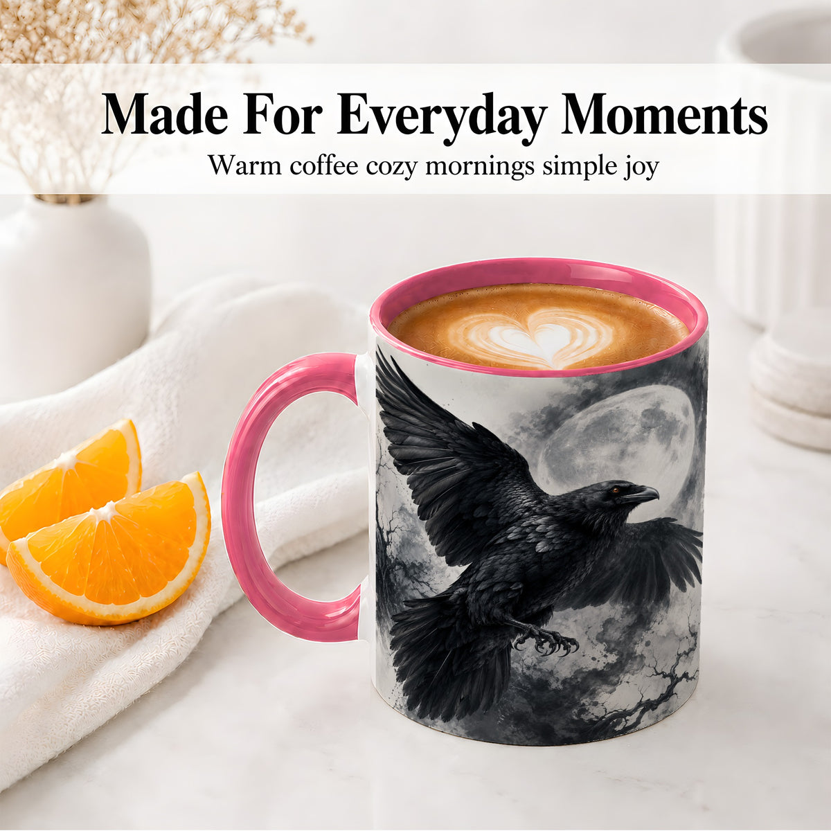 #pl[11oz|Pink] Black Raven Moon Ceramic Mug, Gothic Night Watercolor Artwork