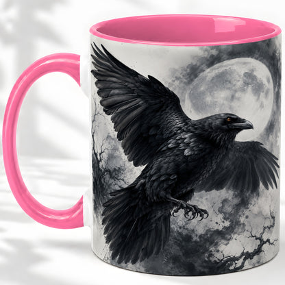 #pl[11oz|Pink] Black Raven Moon Ceramic Mug, Gothic Night Watercolor Artwork