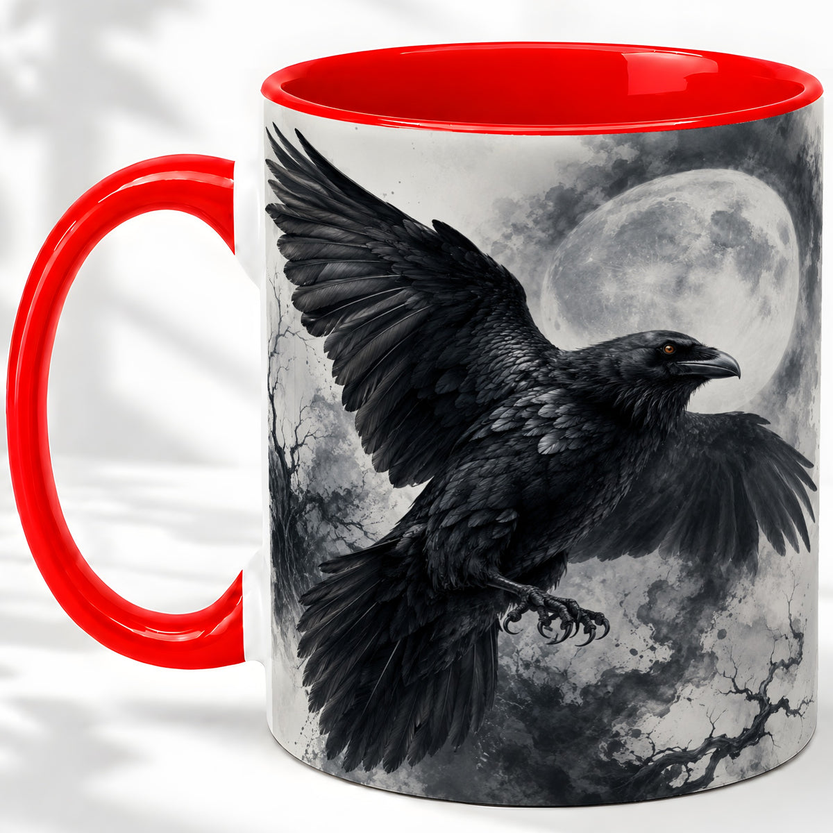 Black Raven Moon Ceramic Mug, Gothic Night Watercolor Artwork