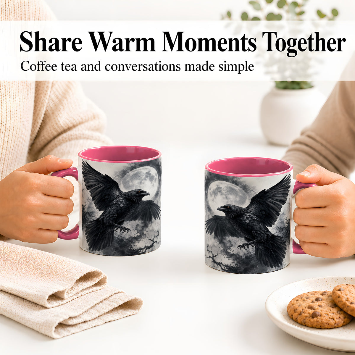 #pl[11oz|Pink] Black Raven Moon Ceramic Mug, Gothic Night Watercolor Artwork