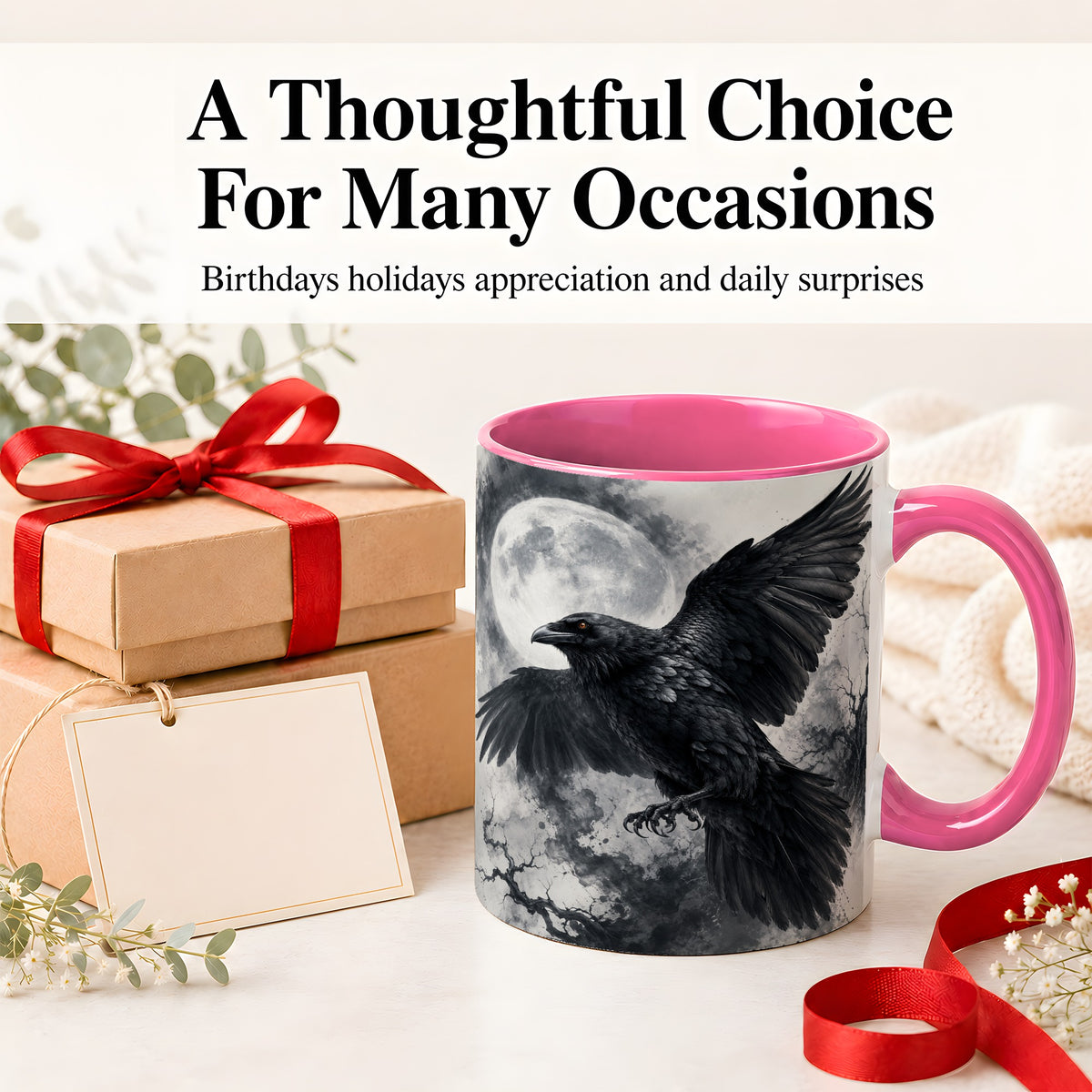 #pl[11oz|Pink] Black Raven Moon Ceramic Mug, Gothic Night Watercolor Artwork