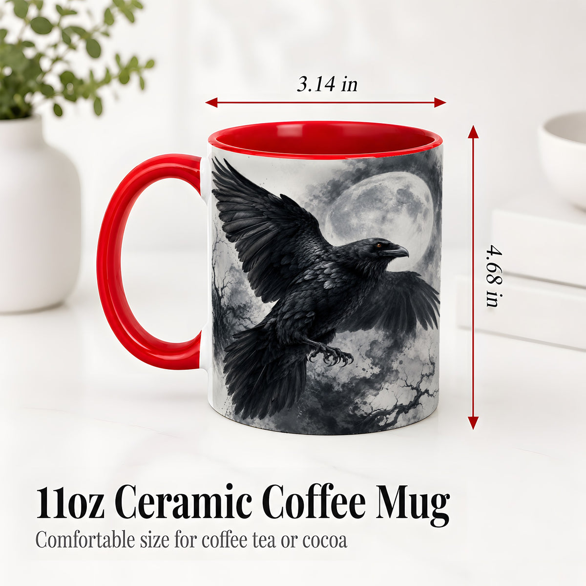 #pl[11oz|Red] Black Raven Moon Ceramic Mug, Gothic Night Watercolor Artwork