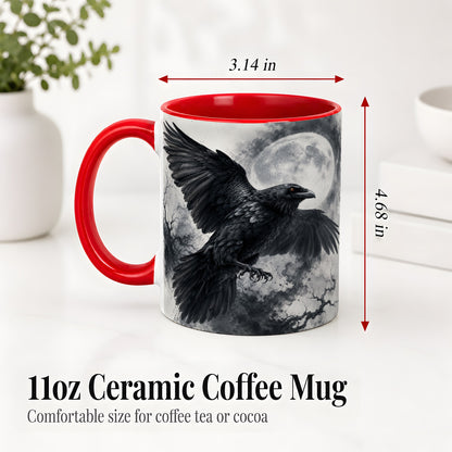 #pl[11oz|Red] Black Raven Moon Ceramic Mug, Gothic Night Watercolor Artwork