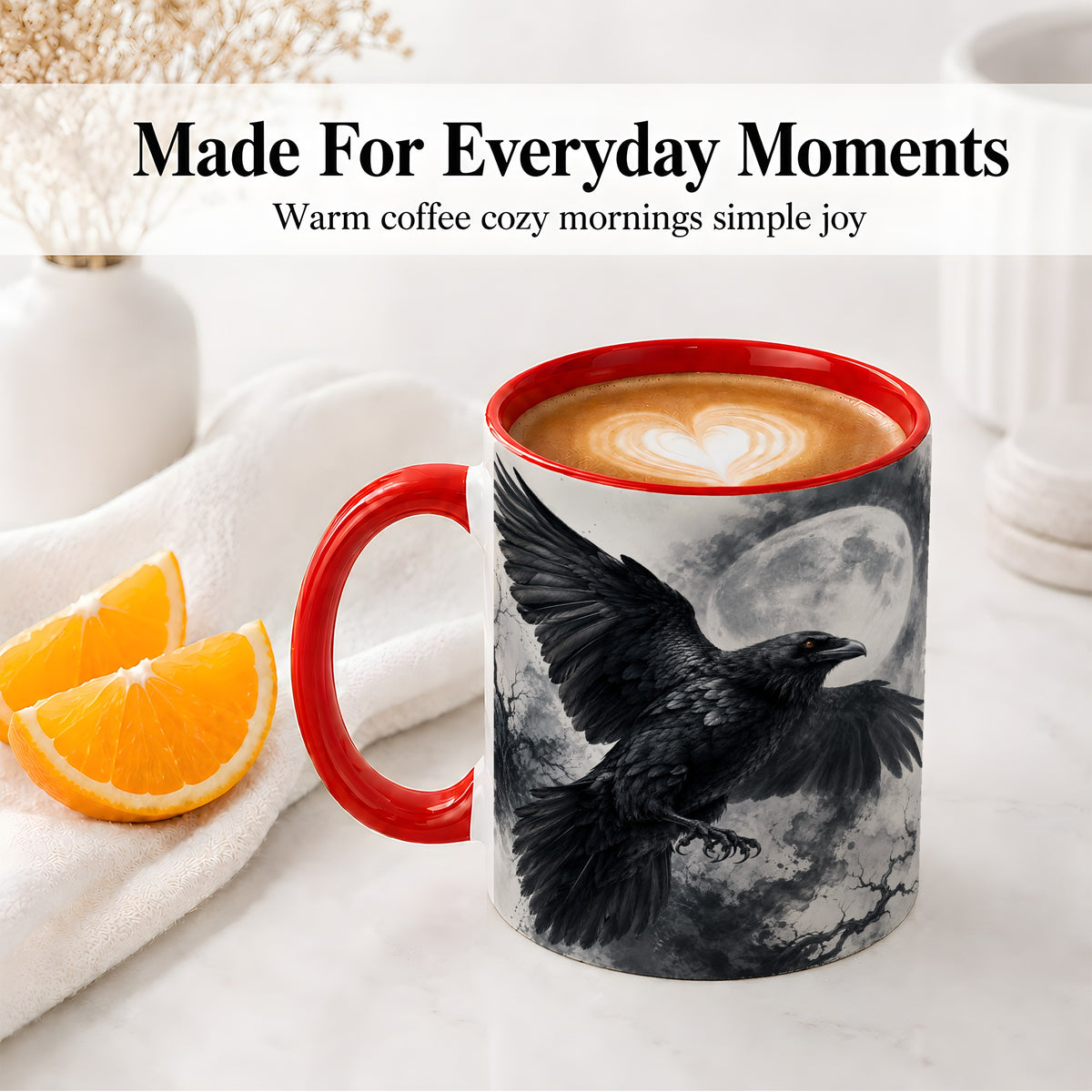 #pl[11oz|Red] Black Raven Moon Ceramic Mug, Gothic Night Watercolor Artwork