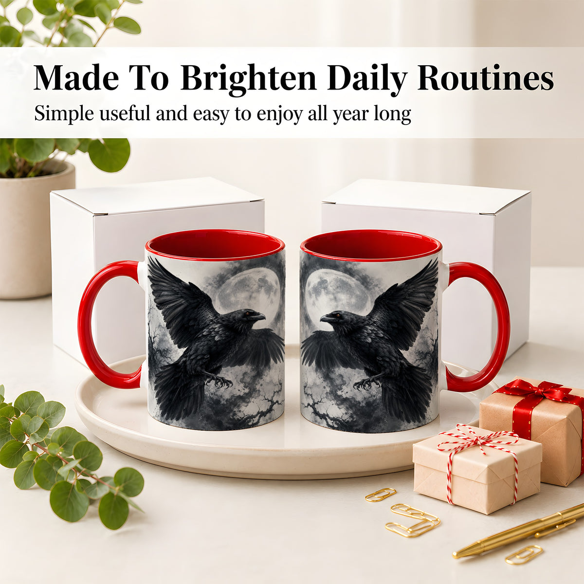 #pl[11oz|Red] Black Raven Moon Ceramic Mug, Gothic Night Watercolor Artwork