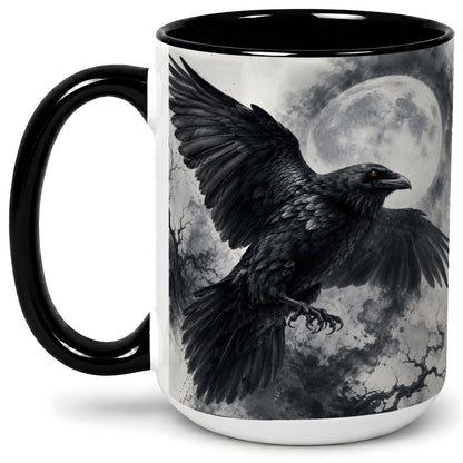 #pl[15oz|Black] Black Raven Moon Ceramic Mug, Gothic Night Watercolor Artwork
