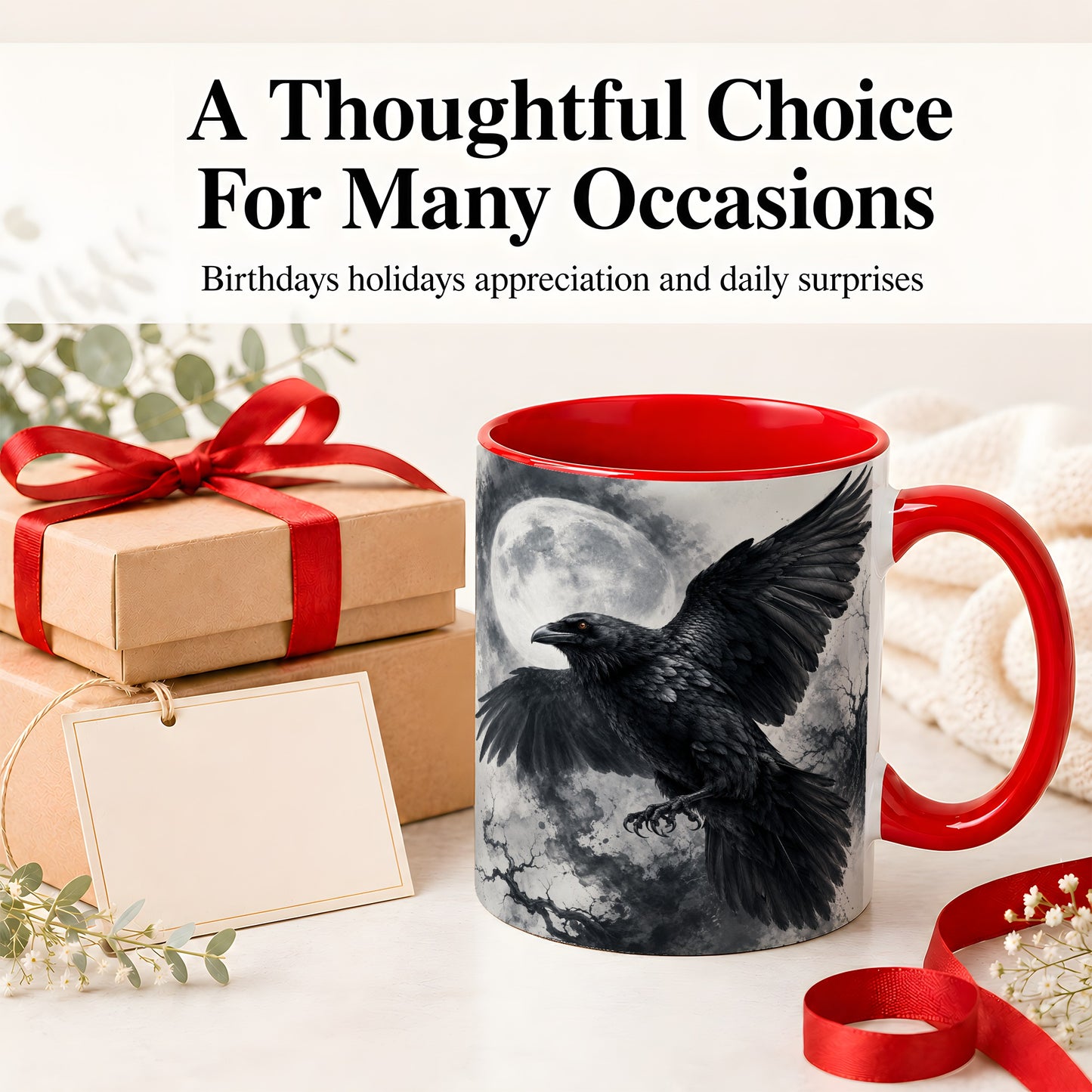 #pl[11oz|Red] Black Raven Moon Ceramic Mug, Gothic Night Watercolor Artwork