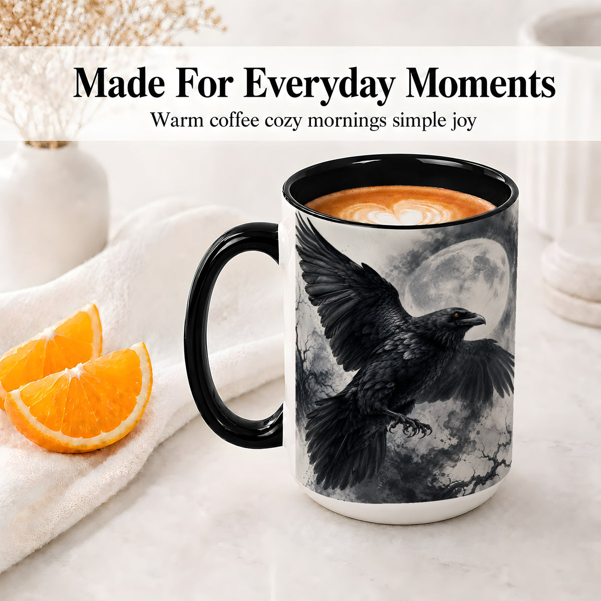 #pl[15oz|Black] Black Raven Moon Ceramic Mug, Gothic Night Watercolor Artwork