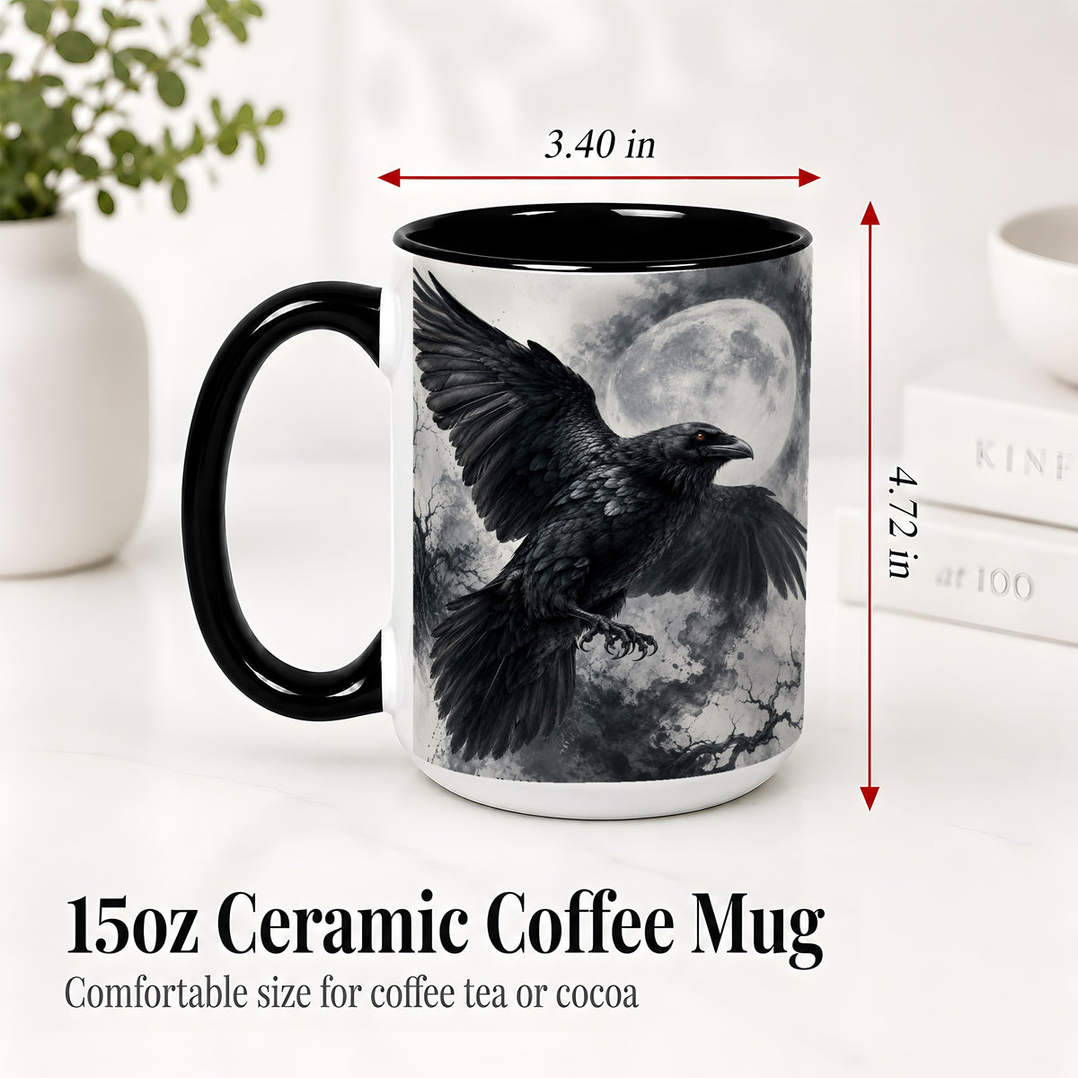 #pl[15oz|Black] Black Raven Moon Ceramic Mug, Gothic Night Watercolor Artwork
