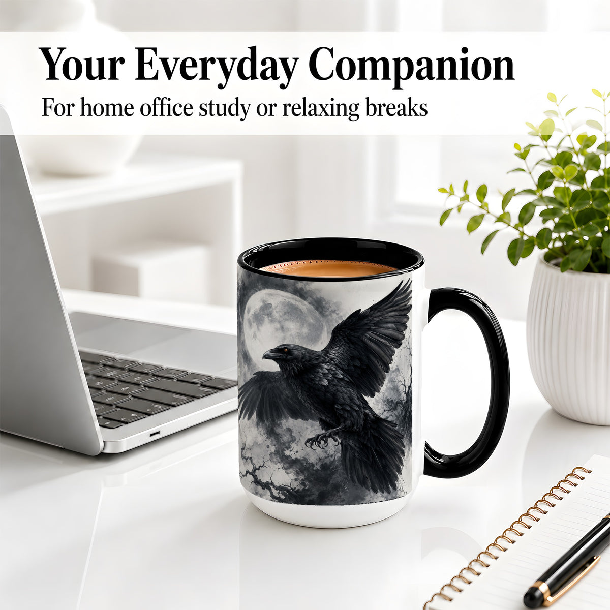 #pl[15oz|Black] Black Raven Moon Ceramic Mug, Gothic Night Watercolor Artwork