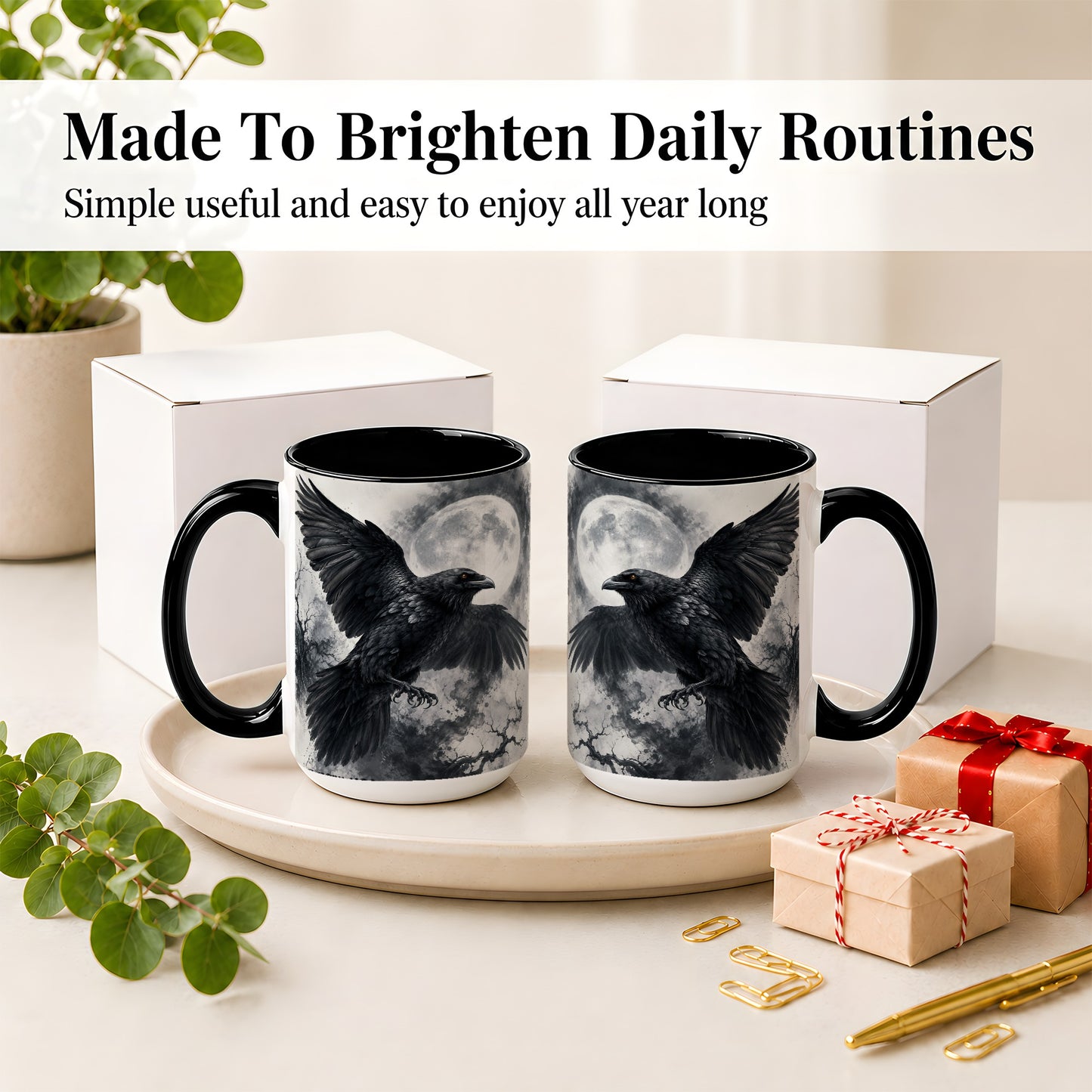 #pl[15oz|Black] Black Raven Moon Ceramic Mug, Gothic Night Watercolor Artwork