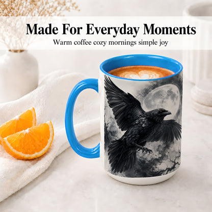 #pl[15oz|Blue] Black Raven Moon Ceramic Mug, Gothic Night Watercolor Artwork