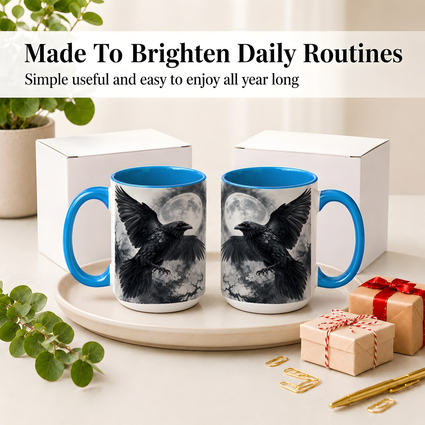 #pl[15oz|Blue] Black Raven Moon Ceramic Mug, Gothic Night Watercolor Artwork