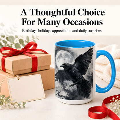 #pl[15oz|Blue] Black Raven Moon Ceramic Mug, Gothic Night Watercolor Artwork