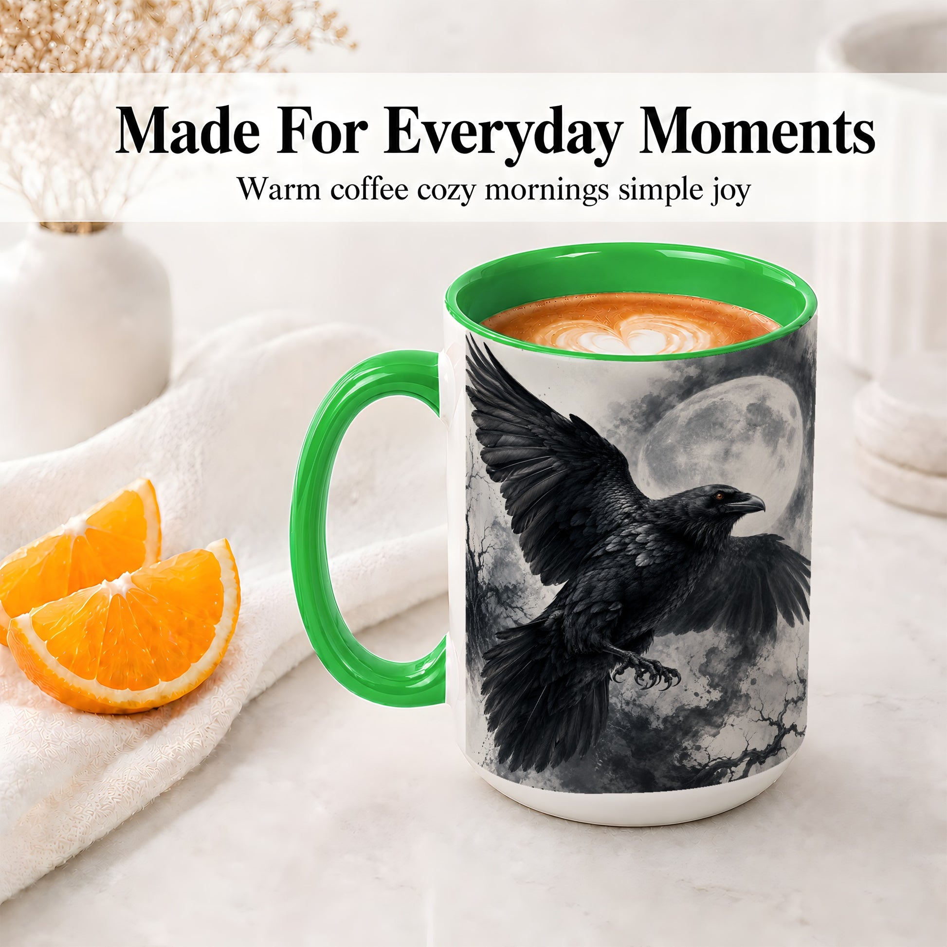 #pl[15oz|Green] Black Raven Moon Ceramic Mug, Gothic Night Watercolor Artwork