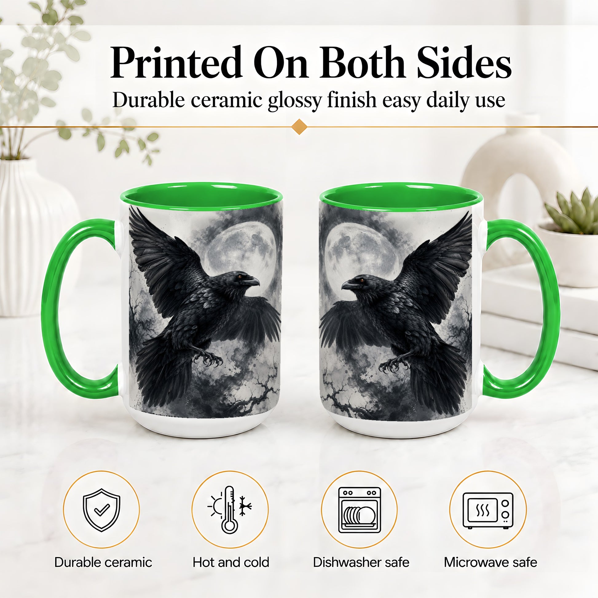 #pl[15oz|Green] Black Raven Moon Ceramic Mug, Gothic Night Watercolor Artwork