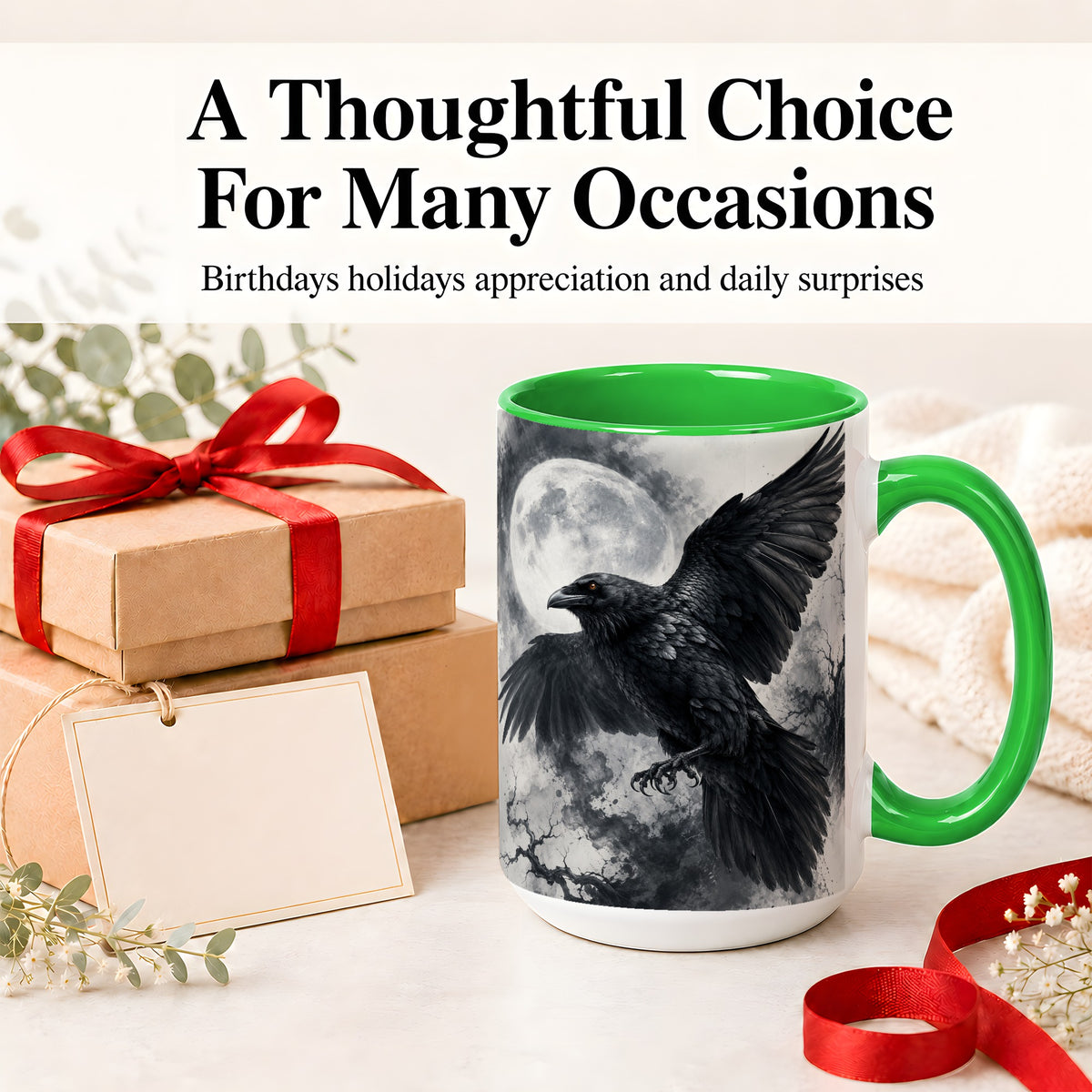 #pl[15oz|Green] Black Raven Moon Ceramic Mug, Gothic Night Watercolor Artwork