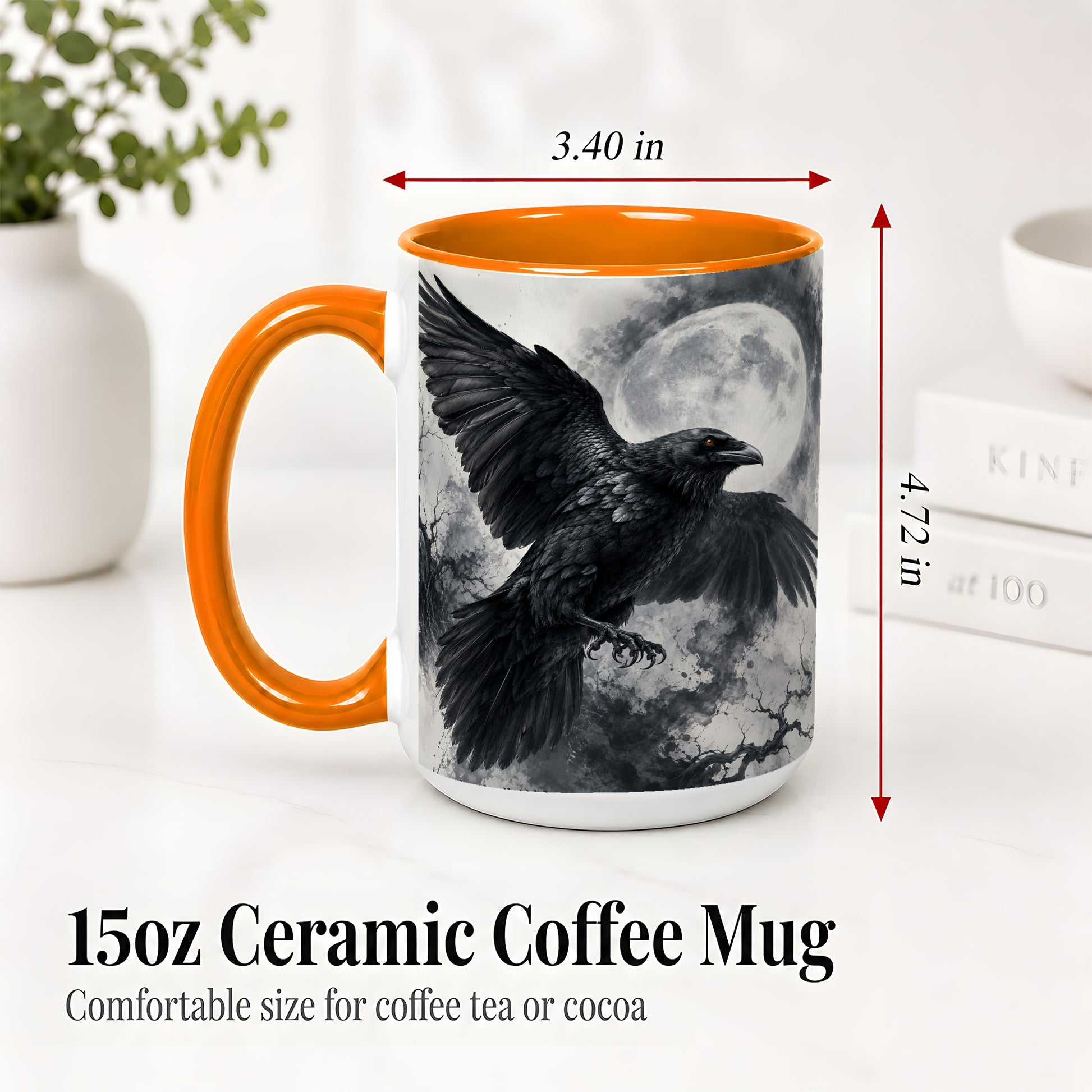 #pl[15oz|Orange] Black Raven Moon Ceramic Mug, Gothic Night Watercolor Artwork