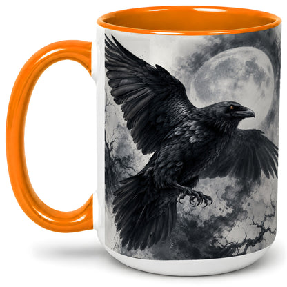 #pl[15oz|Orange] Black Raven Moon Ceramic Mug, Gothic Night Watercolor Artwork
