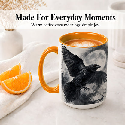 #pl[15oz|Orange] Black Raven Moon Ceramic Mug, Gothic Night Watercolor Artwork