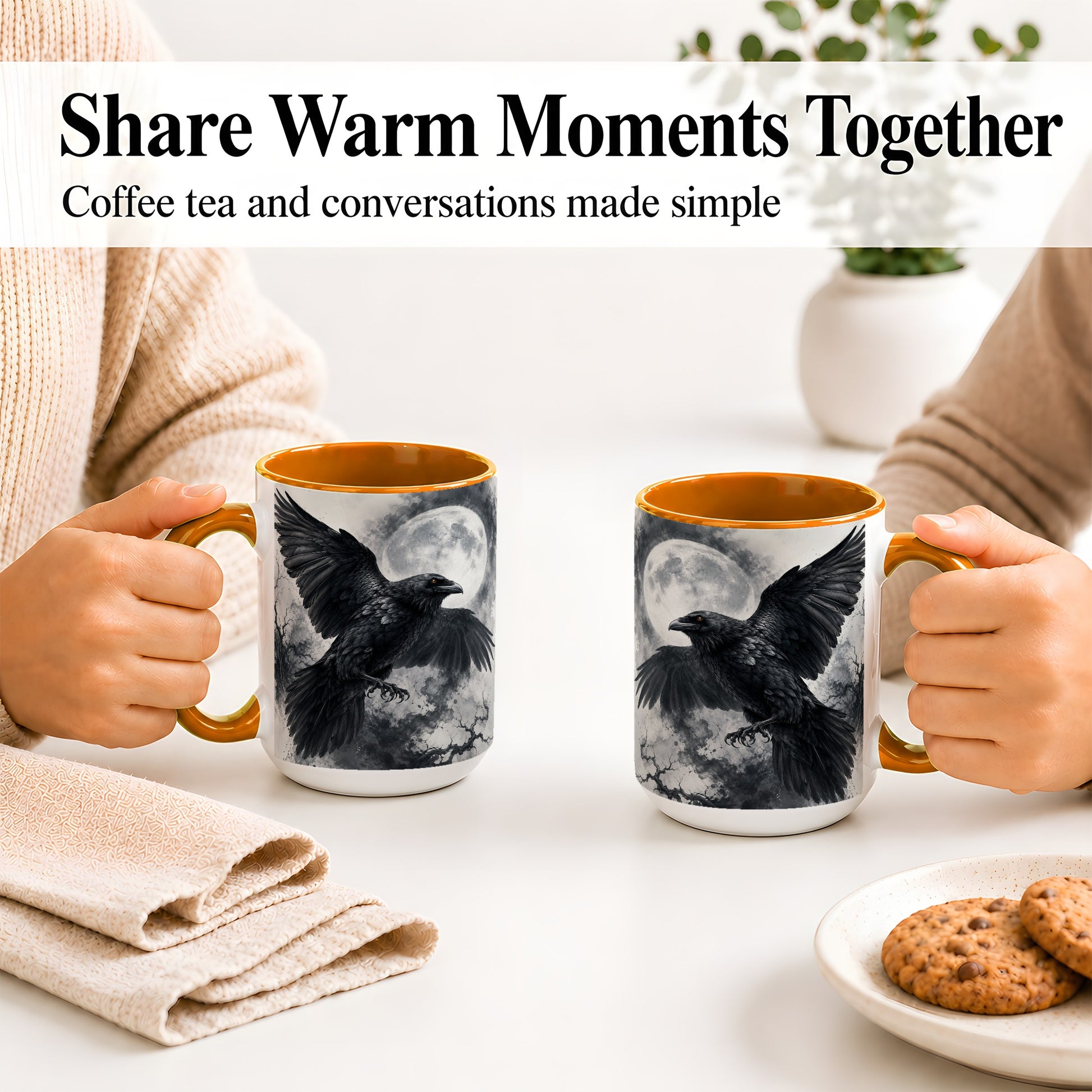 #pl[15oz|Orange] Black Raven Moon Ceramic Mug, Gothic Night Watercolor Artwork