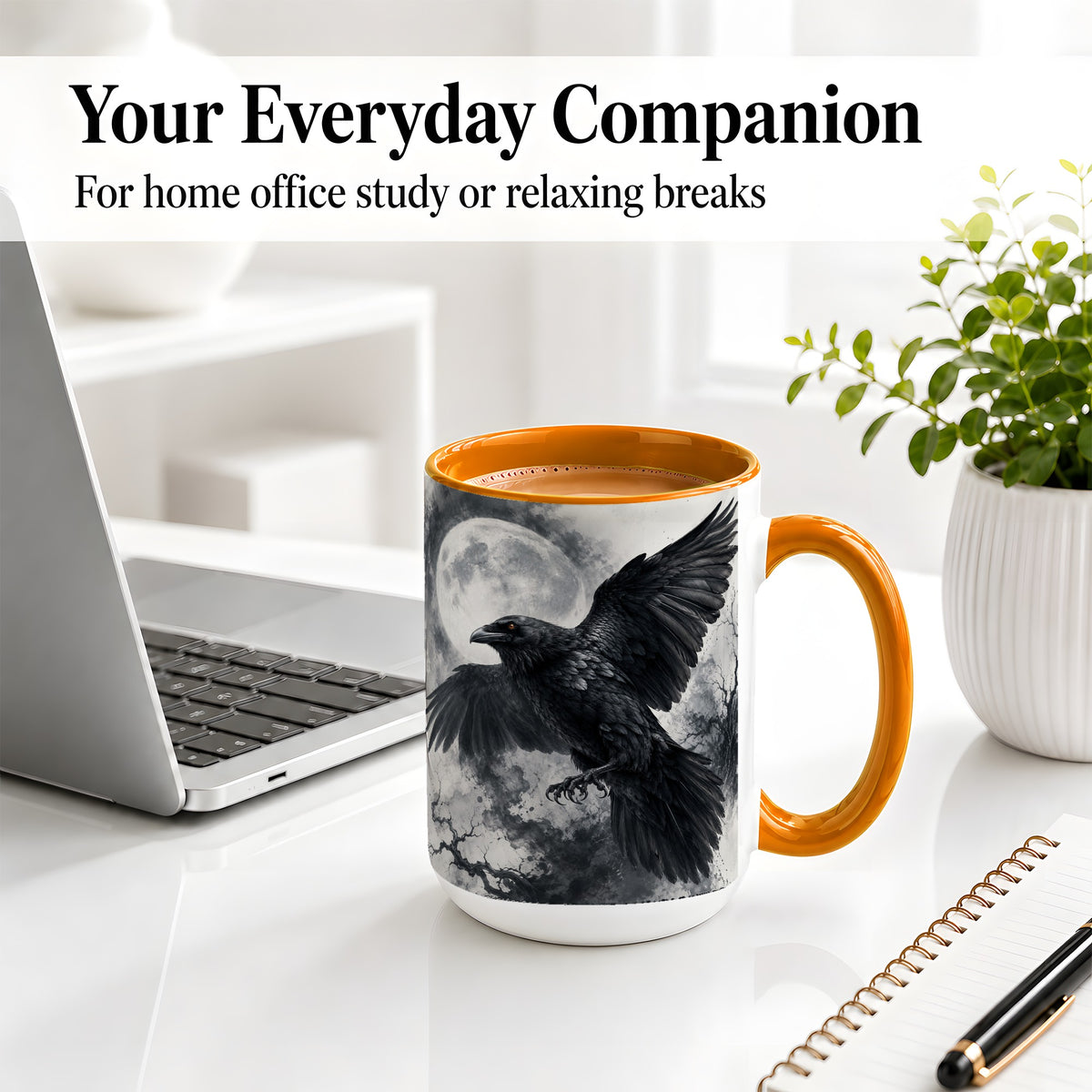 #pl[15oz|Orange] Black Raven Moon Ceramic Mug, Gothic Night Watercolor Artwork