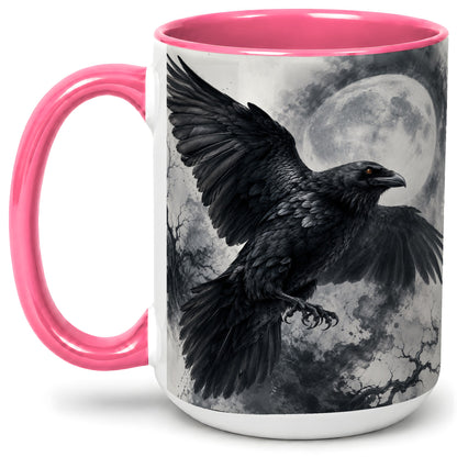 #pl[15oz|Pink] Black Raven Moon Ceramic Mug, Gothic Night Watercolor Artwork
