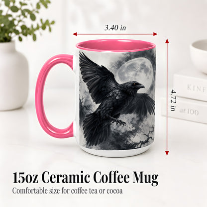 #pl[15oz|Pink] Black Raven Moon Ceramic Mug, Gothic Night Watercolor Artwork