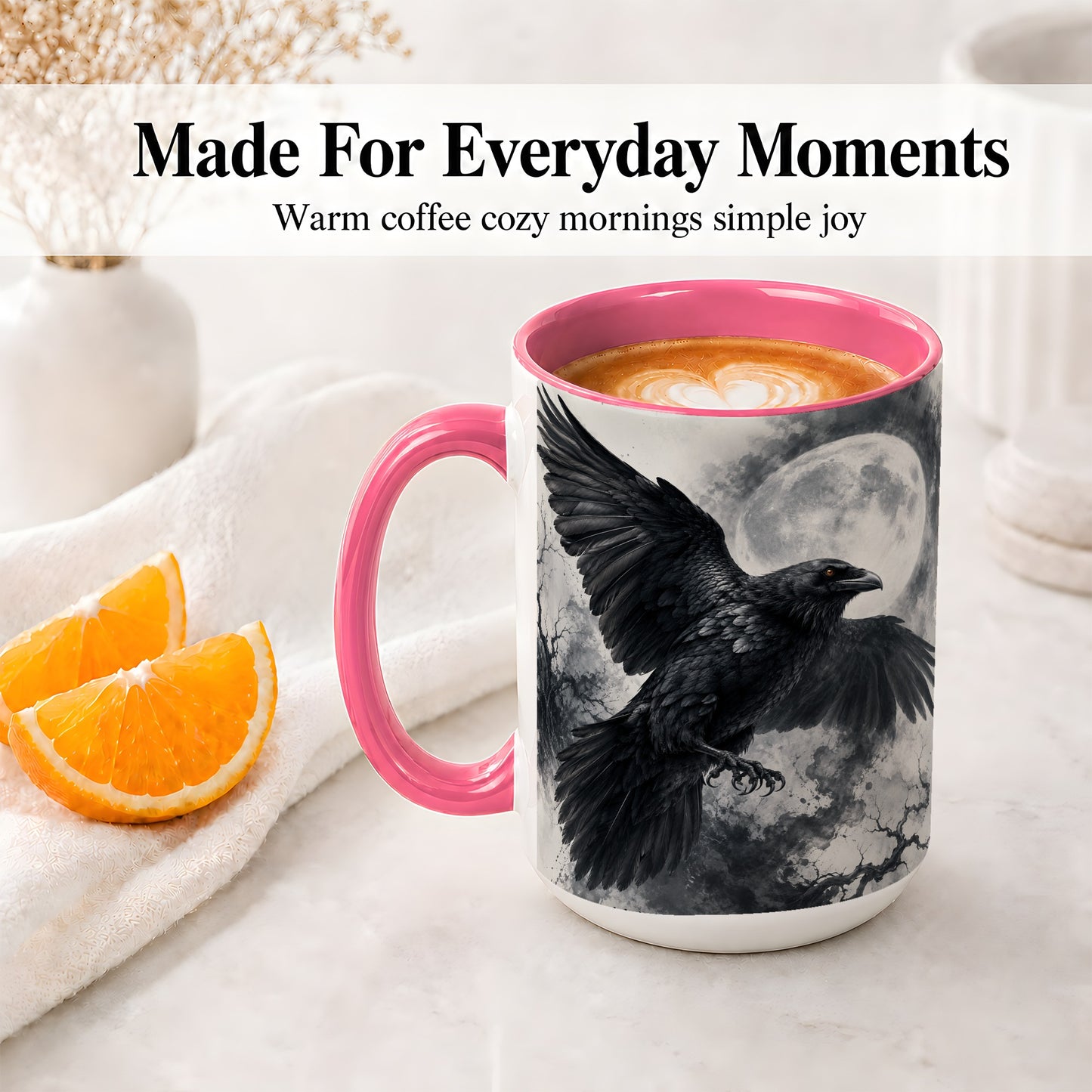 #pl[15oz|Pink] Black Raven Moon Ceramic Mug, Gothic Night Watercolor Artwork